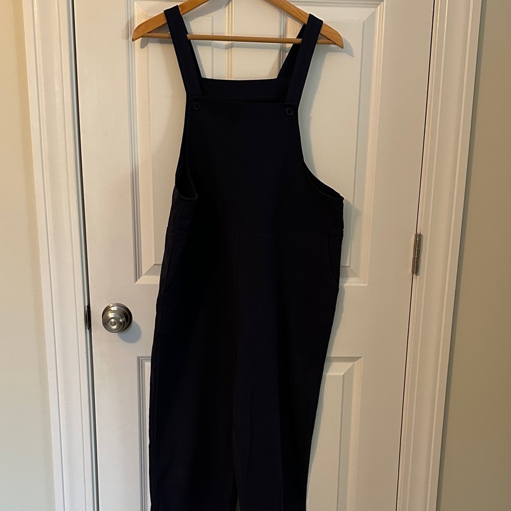 Navy Linen Button Cropped Bibs with Wide Leg size M